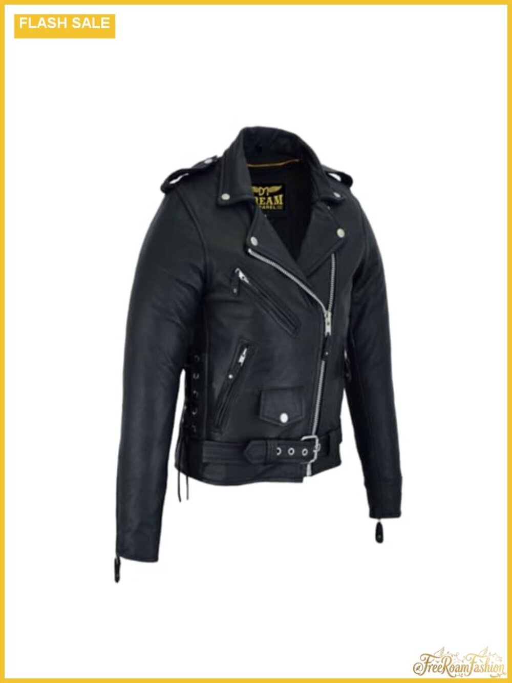 Womens Cowhide Leather Motorcycle Jacket Classic Biker Coat Lace Sided